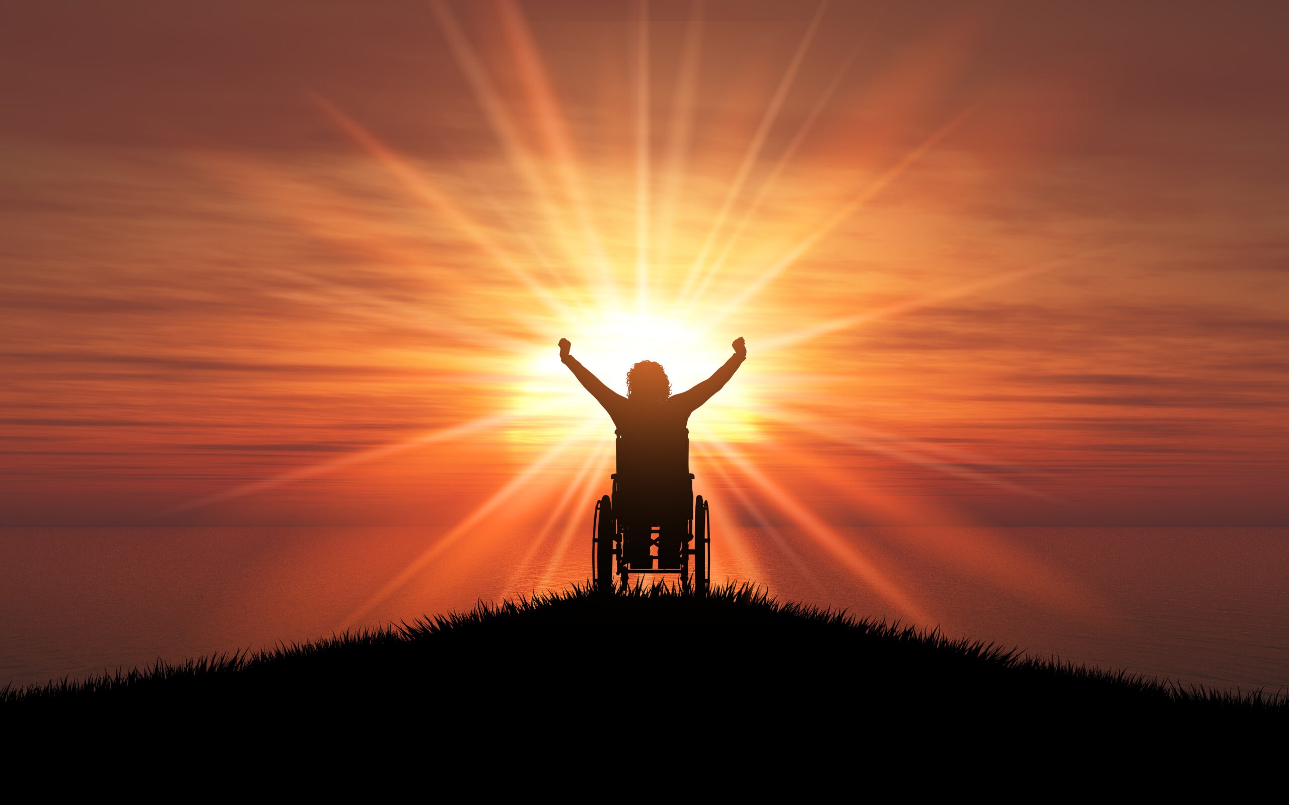 3d silhouette female wheelchair with her arms raised against sunset ocean scaled
