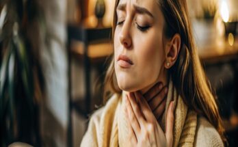 sick woman with closed eyes having sore throat touching neck