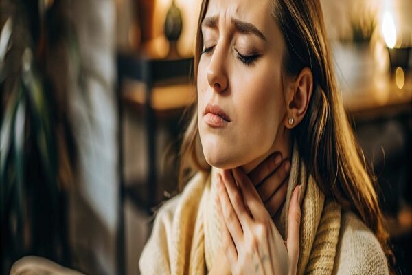 sick woman with closed eyes having sore throat touching neck